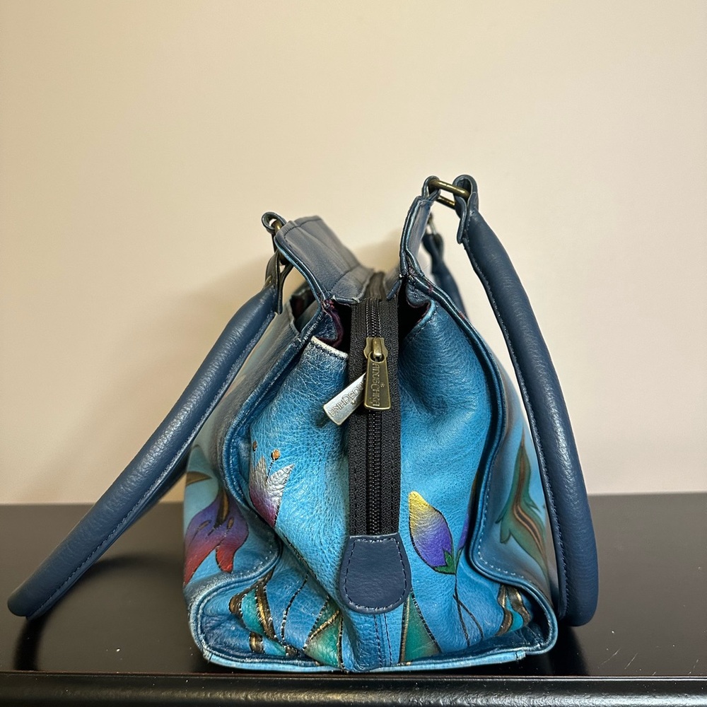 Anuschka Hand Painted Leather Teal Floral Tote Shoulder Handbag Purse - Picture 3 of 16